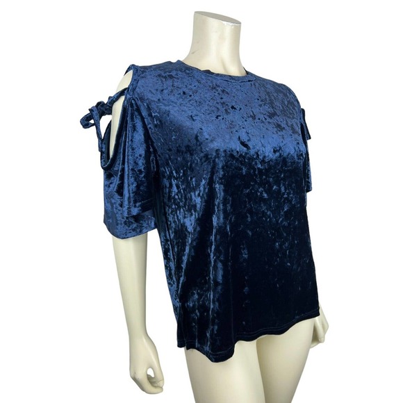Vanessa Scott Blue Velvet Cold Shoulder Top S Tie Sleeve Open Shoulder Small - Picture 2 of 11